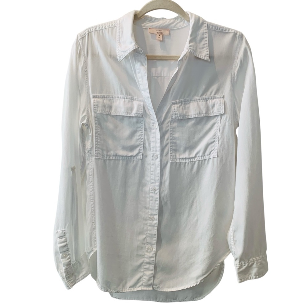 COMO VINTAGE Women’s White Long-sleeve V-neck Button Shirt with Pockets Small